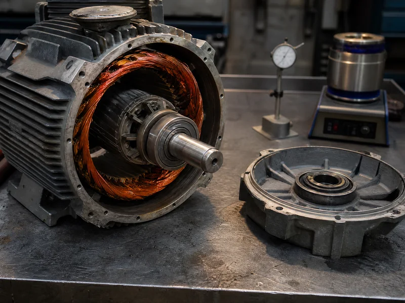 An opened electric motor with the rotor and end bell out