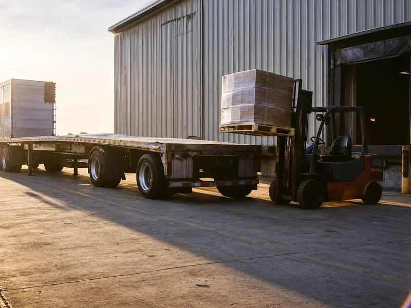 A forklift loading palletised bearings onto a flatbed