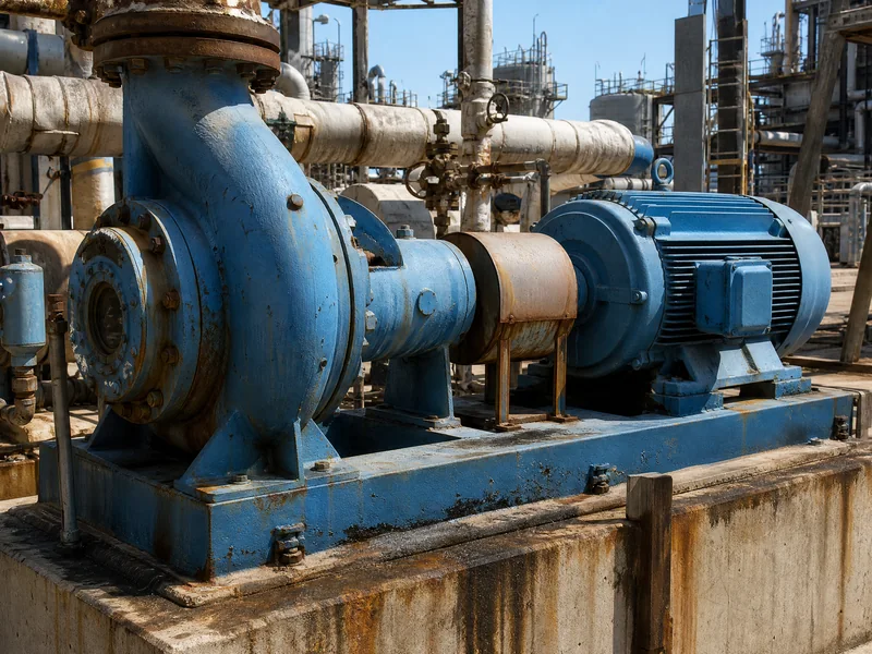 A horizontal process pump and motor at a refinery