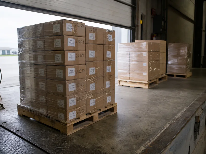 A shrink-wrapped pallet of bearing cartons at a dock