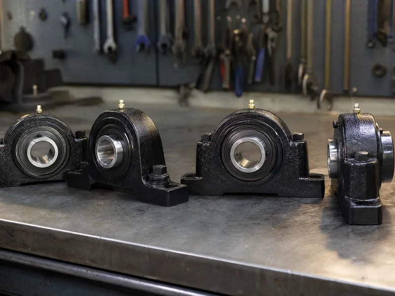 A row of cast pillow block bearing units on a bench
