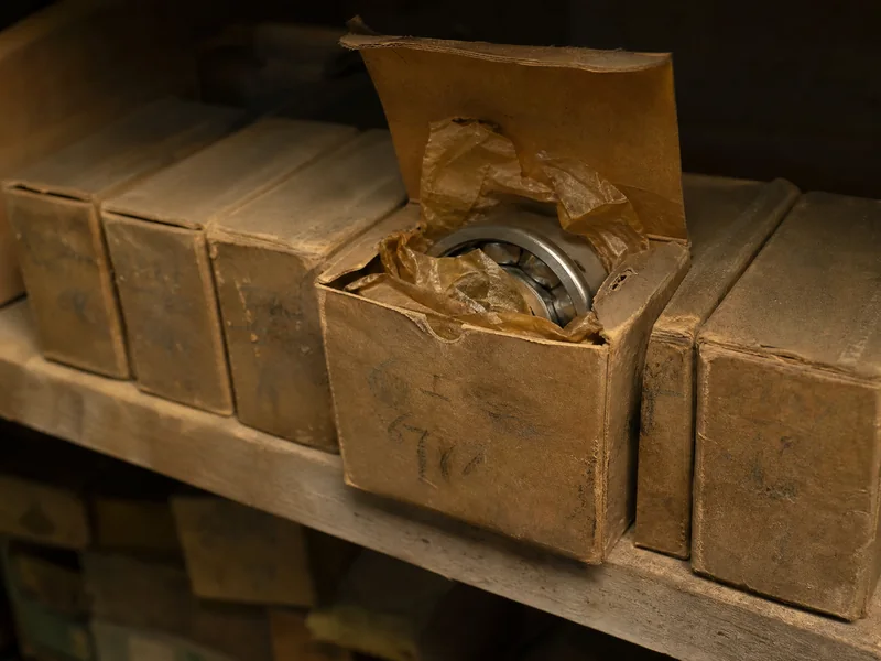 Aged bearing cartons on a shelf, one box opened