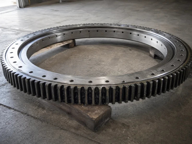 A large geared slewing ring bearing laid flat