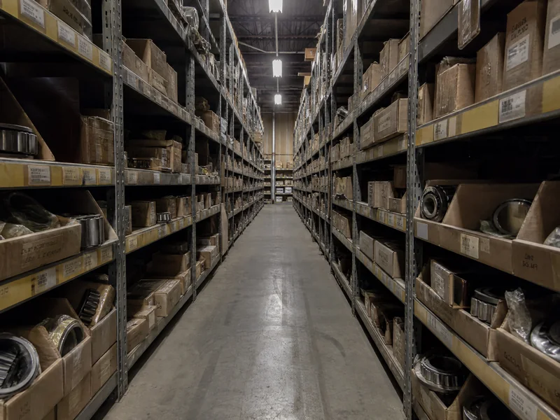 A long MRO storeroom aisle of racked bearing bins