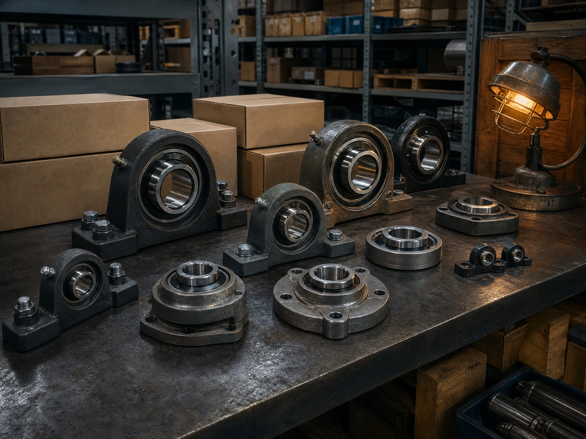 Surplus mounted bearing units and pillow blocks on industrial shelving.